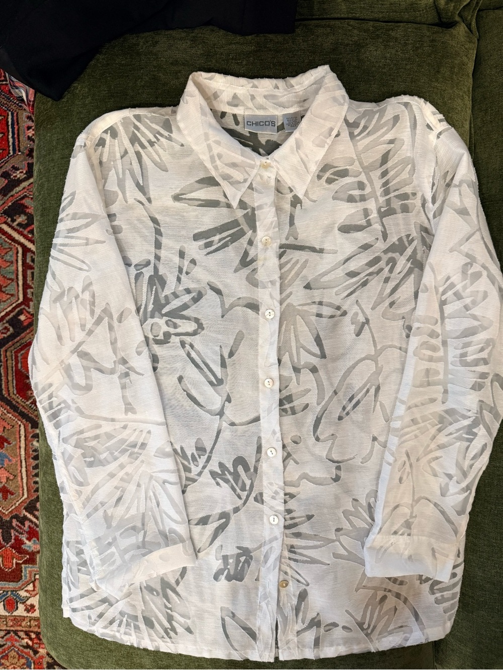 Chico's White Sheer Burnout Pattern Button-Down Shirt